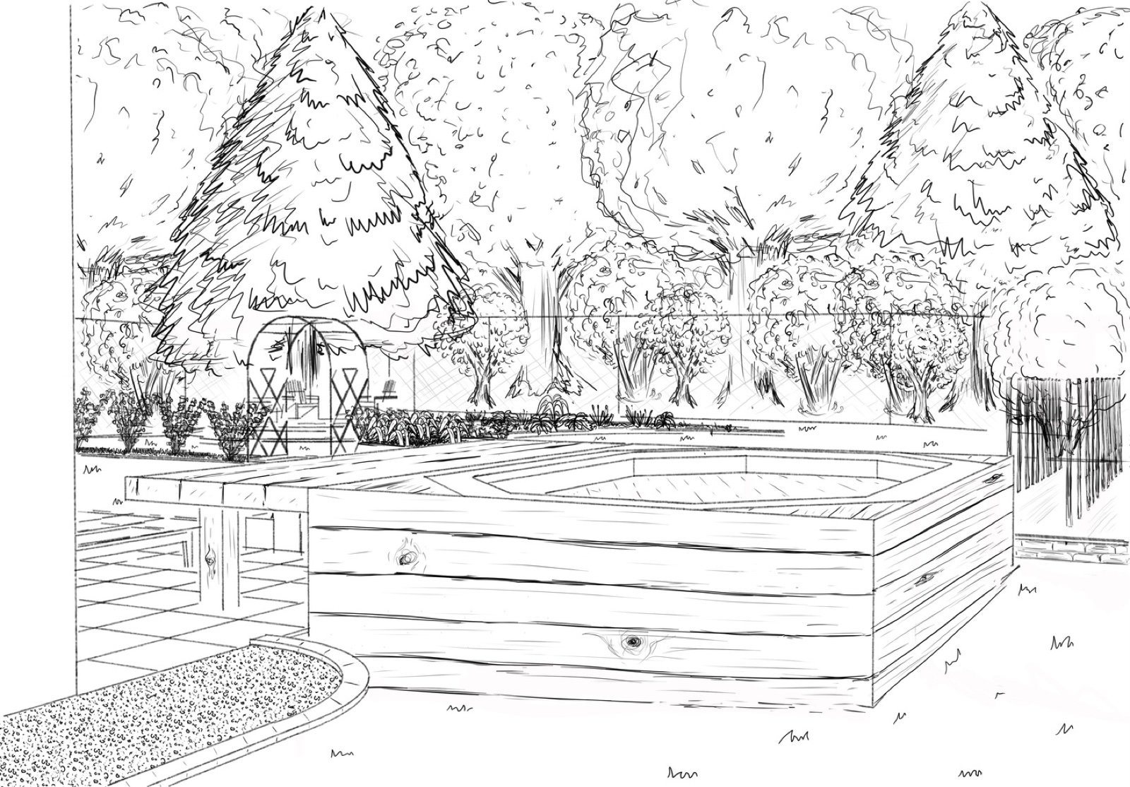 Croquis à la tablette graphique : terrasse et arbres